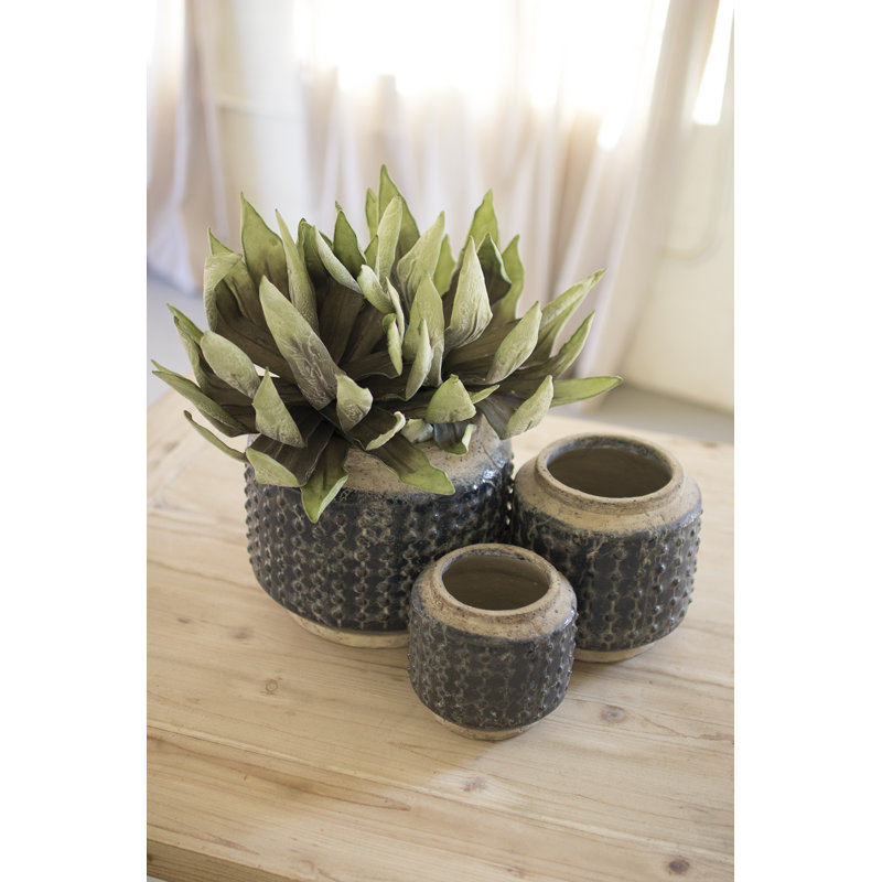  Dark Blue Knobby Ceramic Pots, Glazed Finish, Decorative Planter, Set of 3