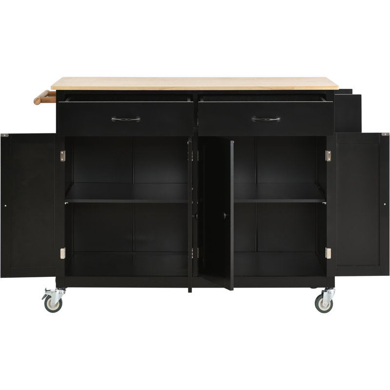 54.3" Kitchen Island Cart With Solid Wood Top, 4-Door Cabinet, 2 Drawers, Spice & Towel Rack, Locking Wheels, Black, Black