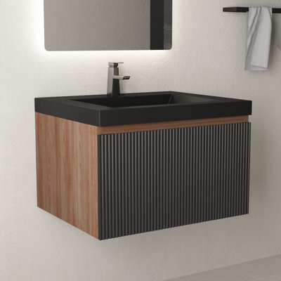 Meuble-lavabo mural simple 24 po avec lavabo, armoire de rangement flottante avec lavabo en résine et tiroir à fermeture en douceur, pré-assemblé, noir