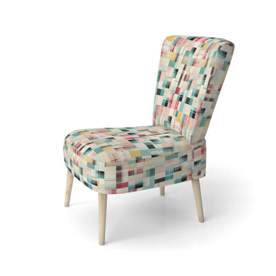 Vintage Pastel Checks  Pattern - Upholstered Farmhouse Side Chair, Blue Accent Chair