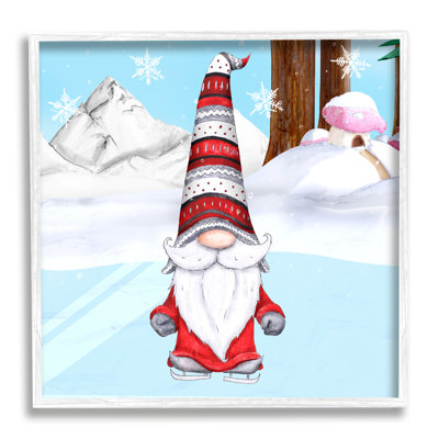 Ice Skating Winter Gnome Red White Garden Elf by Hugo Edwins - Graphic Art on Canvas