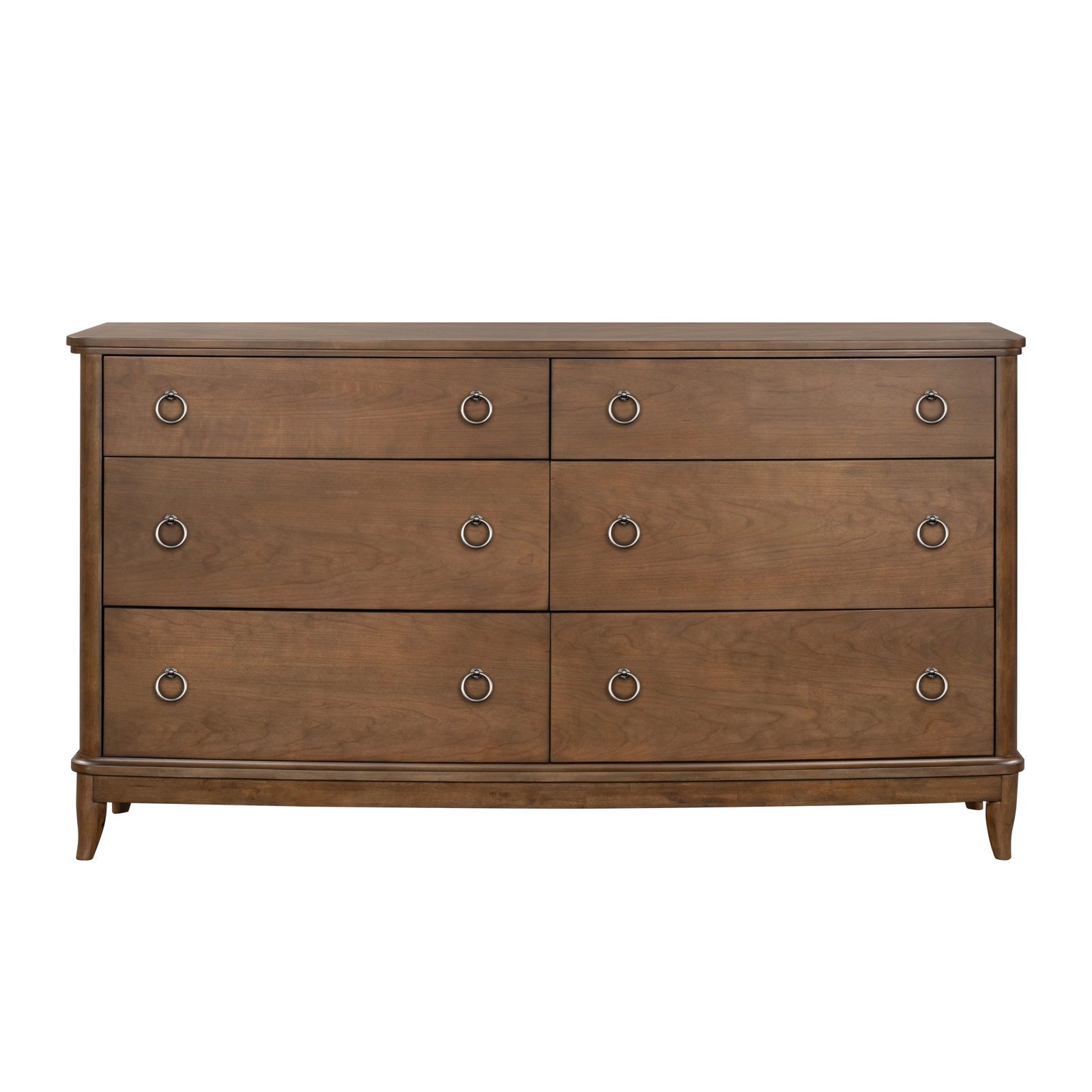 Brown wood six-drawer dresser with tapered legs and silver ring pulls