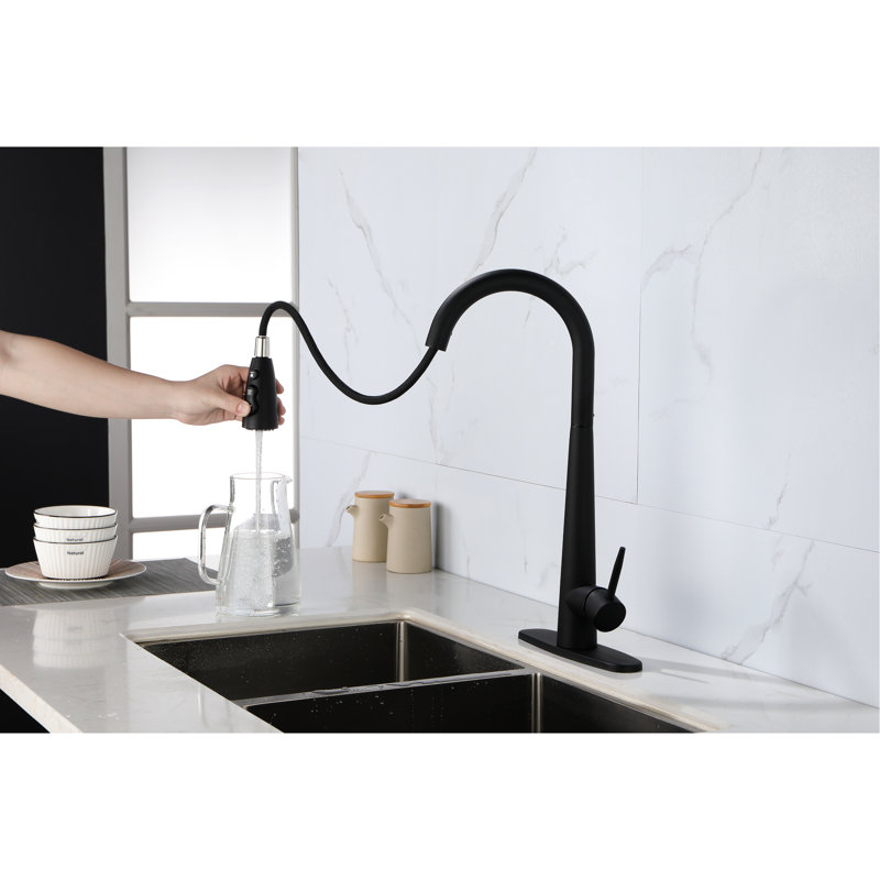 Robinets de cuisine noirs avec bec rétractable, noir mat, fixation sur comptoir à un trou, conception moderne, installation facile vers le bas en acier inoxydable, pour fonctionner