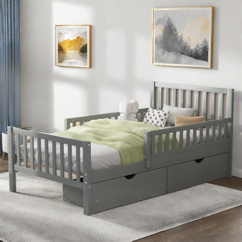 Wood Platform Bed with Guardrails on Both Sides and Two Storage Drawers, Twin, Gray