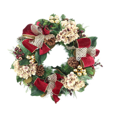 Couronne de Noël 26 po avec hortensias et boucles
