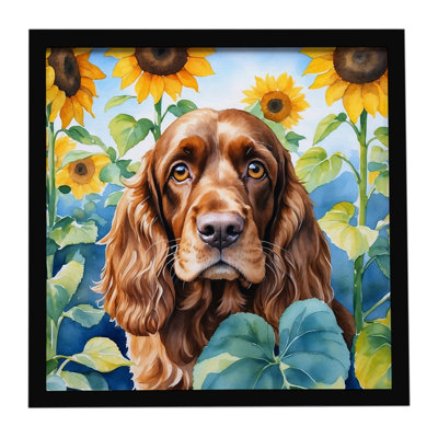 English Cocker Spaniel in Sunflowers Framed Metal Print