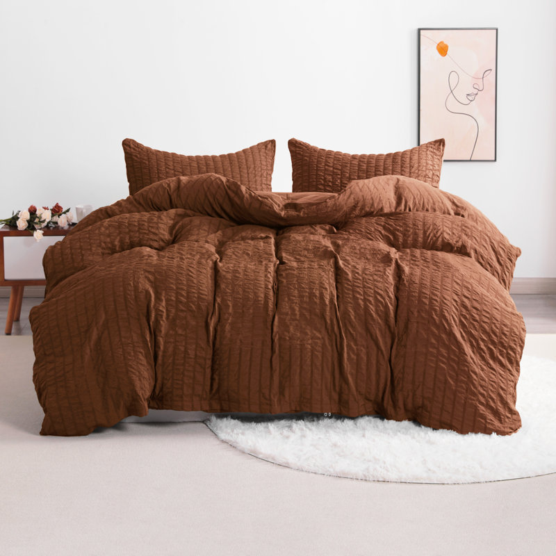 3 Pieces Duvet Cover Set, Stripe Washed Microfiber Comforter Cover with Zipper Closure - NTBAY, Brown