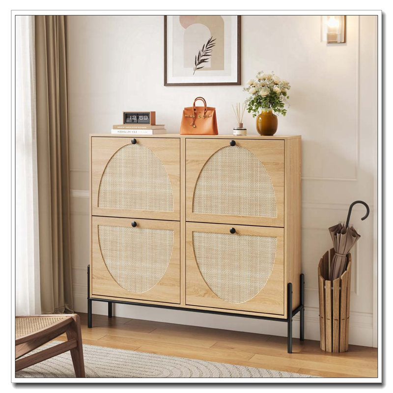 Rattan Shoe Cabinet with 4 Flip-Down Doors, Oak