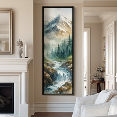 Grandes impressions sur toile encadrées - Cascade de montagne, paysage, forêt tranquille, impression d'aquarelle - 60 po x 20 po