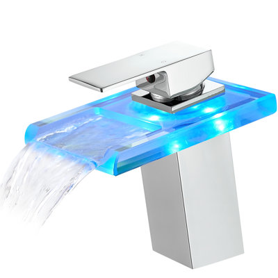 Led Bathroom Sink Faucet: 3 Colors Waterfall Spout, Deck Mounted, Single Handle, Hot & Cold Water Mixer, Geometric Shape Mounted Ceramic Cartridge Valve