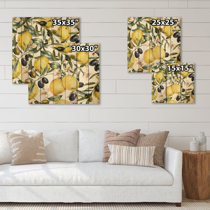 Citron et branches d'olivier I - impression tropicale sur bois de pin naturel, H 25 po x l 25 po x P 0,78 po