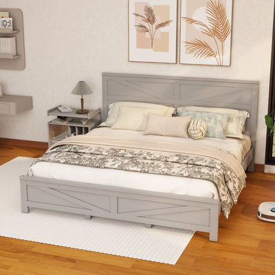 Tête de lit et pied de lit de style campagnard grand avec porte de grange de style campagnard, lit en bois de pin avec cadre de lit renforcé, gris