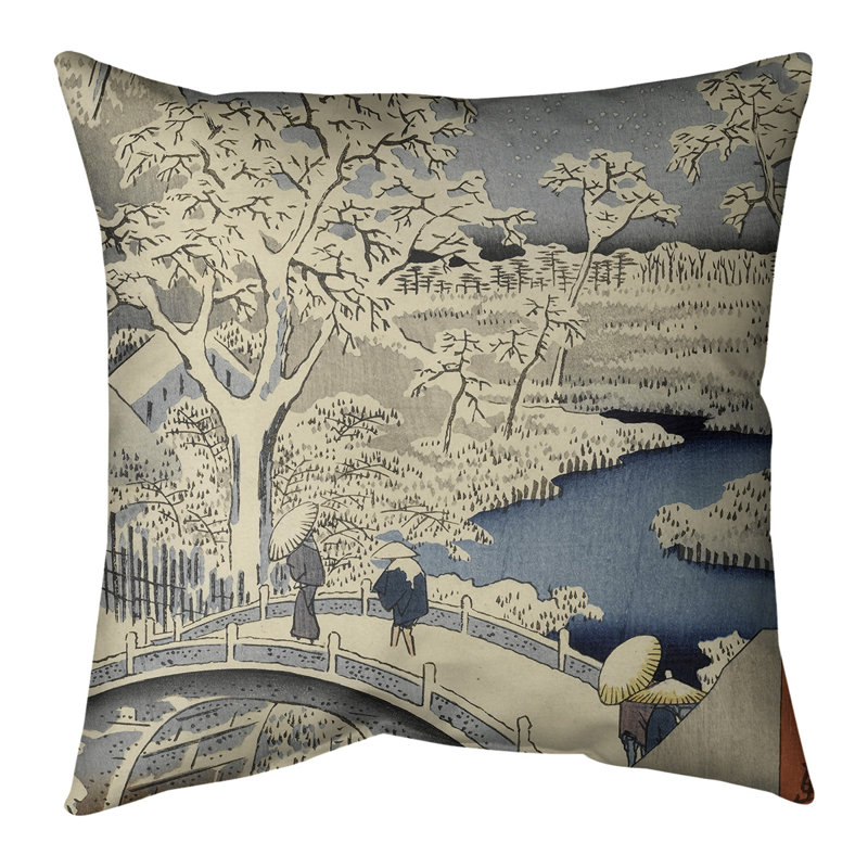 Housse de coussin Utagawa Hiroshige Meguro Drum Bridge et Sunset Hill Square, 14 po x 14 po, Blanc / bleu