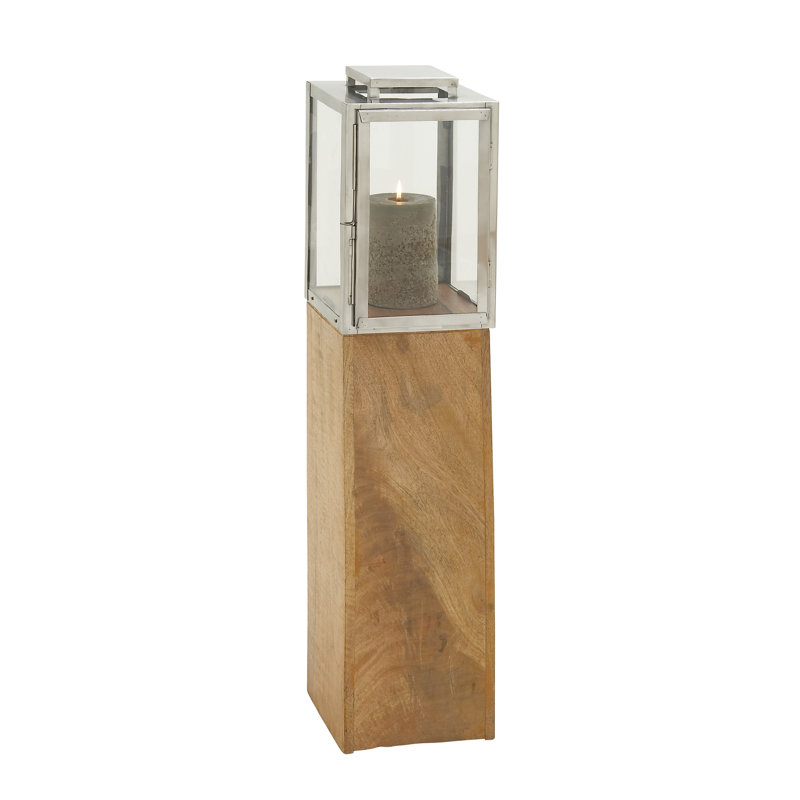Lanterne brune d'intérieur et d'extérieur en bois de manguier, H 48 po x l 9 po x P 9 po