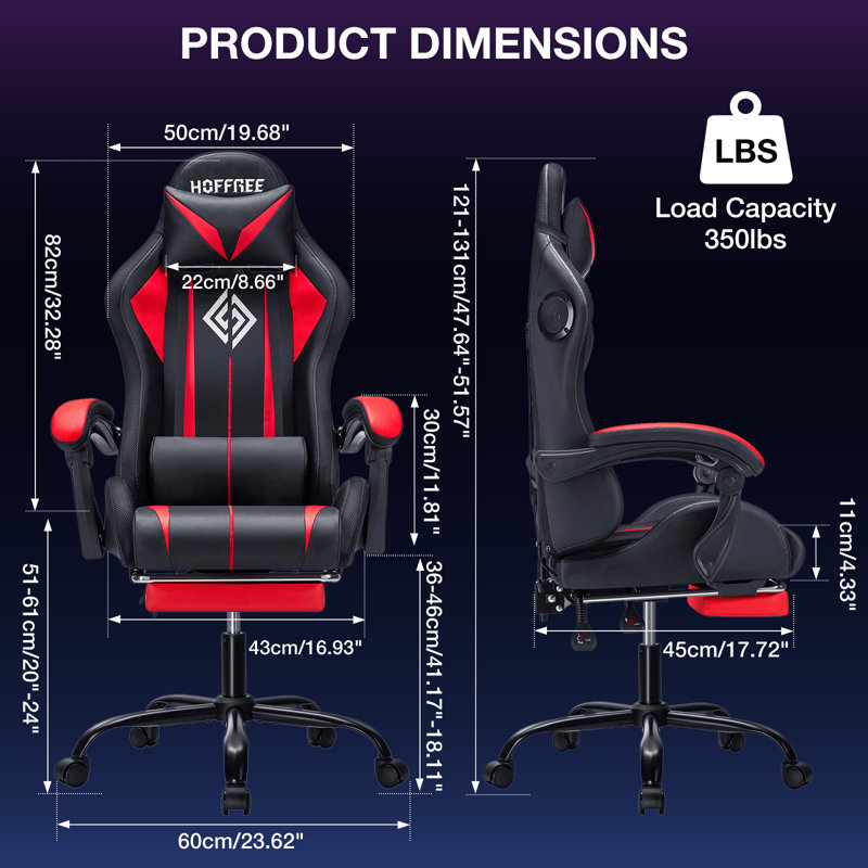 Hoffree LED Ergonomic Gaming Chair with Bluetooth Speakers and Vibration Lumbar Pillow, Red/Black