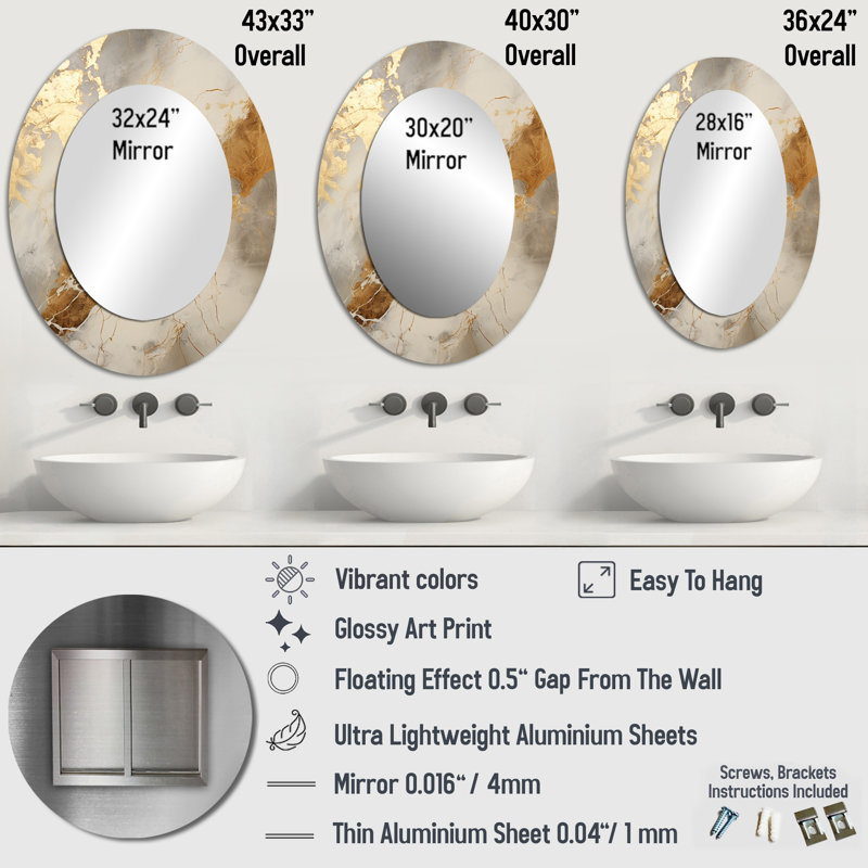 Beige And Gold Marble Lightning III - Modern Oval Wall Mirror, 43" x 33"