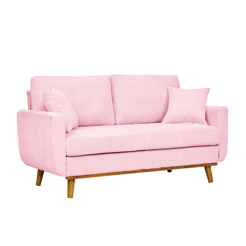 Mid - Century Pink 2 Seater Upholstered In Corduroy, Solid Wood Base, Tapered Legs And Two Complementary Throw Pillows For Cozy Living Rooms Corduroy , Matching Spaces