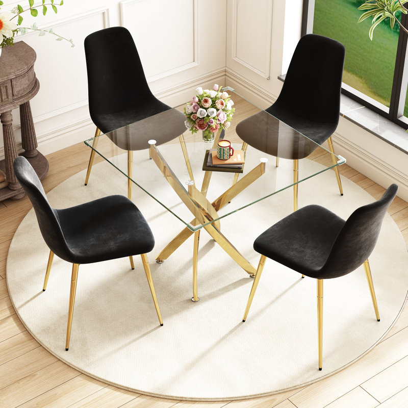 5 - Piece Pedestal Dining Set, Gold, Gold/Black