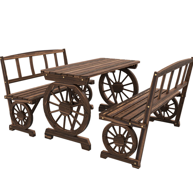 Ensemble de jardin 4 places en pin résistant aux intempéries, composé de 3 pièces avec roulettes, comprenant une table et des chaises.