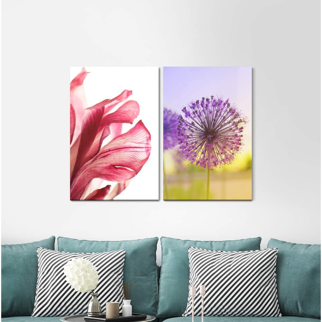 2-tlg. Leinwandbilder-Set - Grafikdruck „Flowerblowball Summer Sunshine Red Violet”