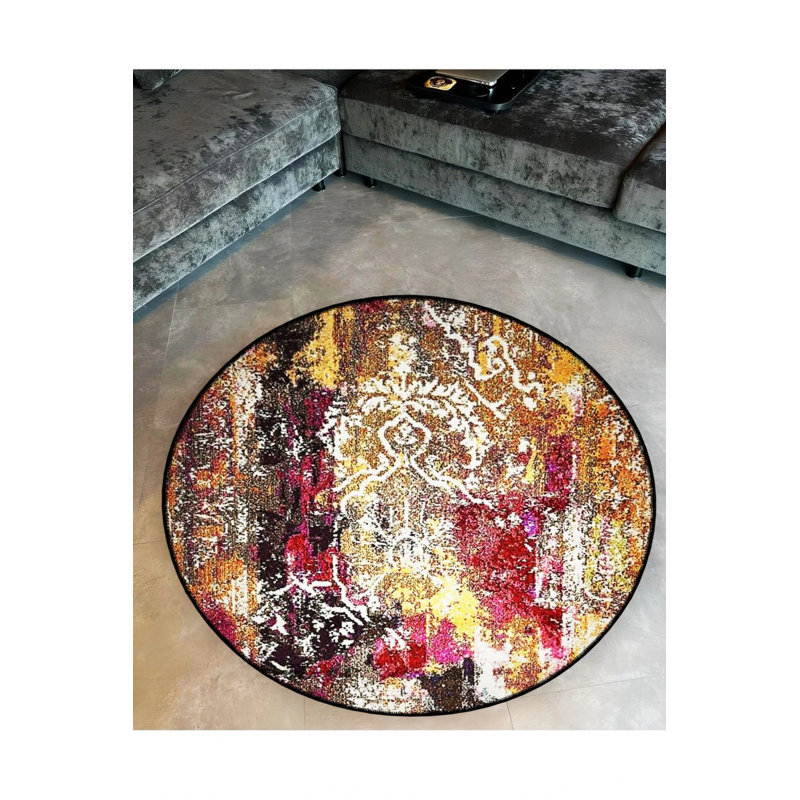 Yellow Pink Traditional Moroccan Ethnic Area Rug, Round 4'