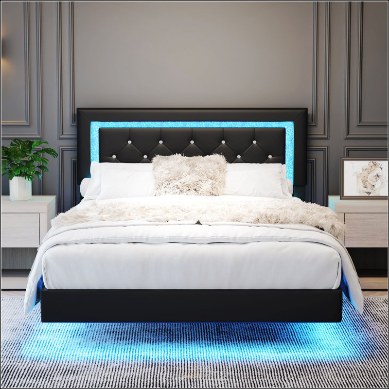 Structure de lit double avec lumières DEL, plateforme rembourrée, tête de lit capitonnée Diamond, aucun sommier requis, Noir