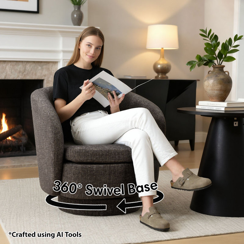 Modern Linen Swivel Barrel Accent Chair, Gray Tweed
