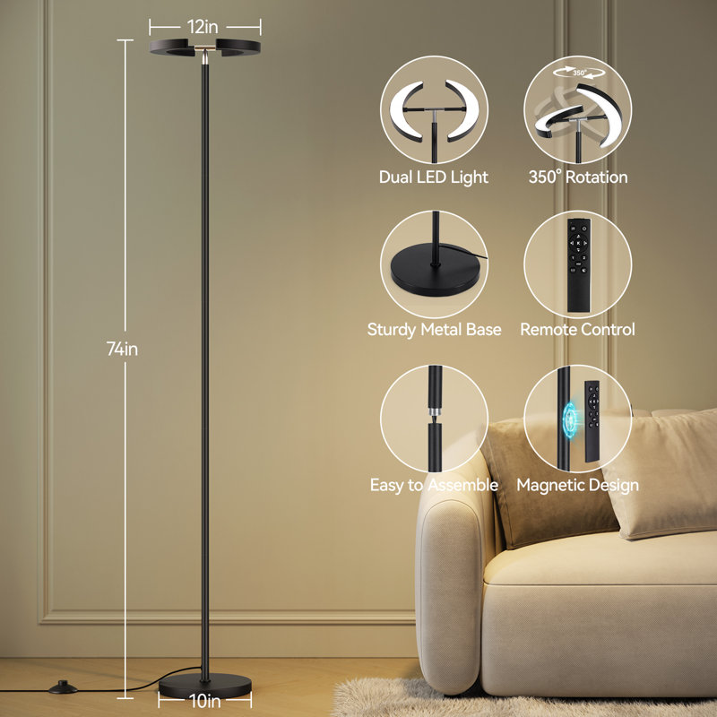 74" Dimmable Dual LED Floor Lamp with Remote, Black