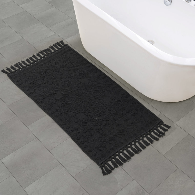French Connection Nellore Fringe Machine Washable Cotton Bath Rug, 49" L x 26" W, Black
