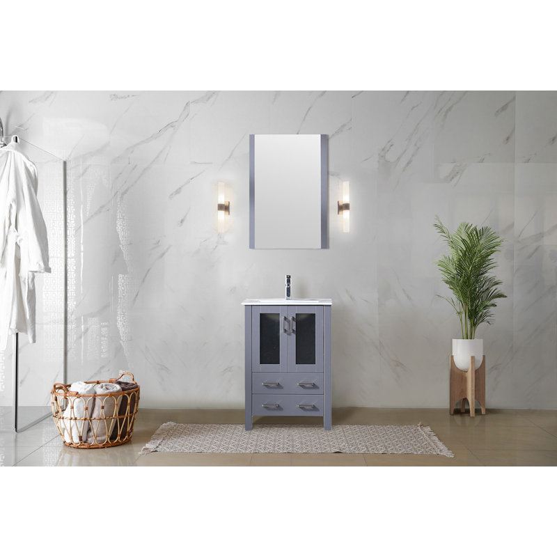 Volez 24 in W x 18.25 in D Single Bath Vanity, White Ceramic Top and 22 in Mirror, Dark Grey