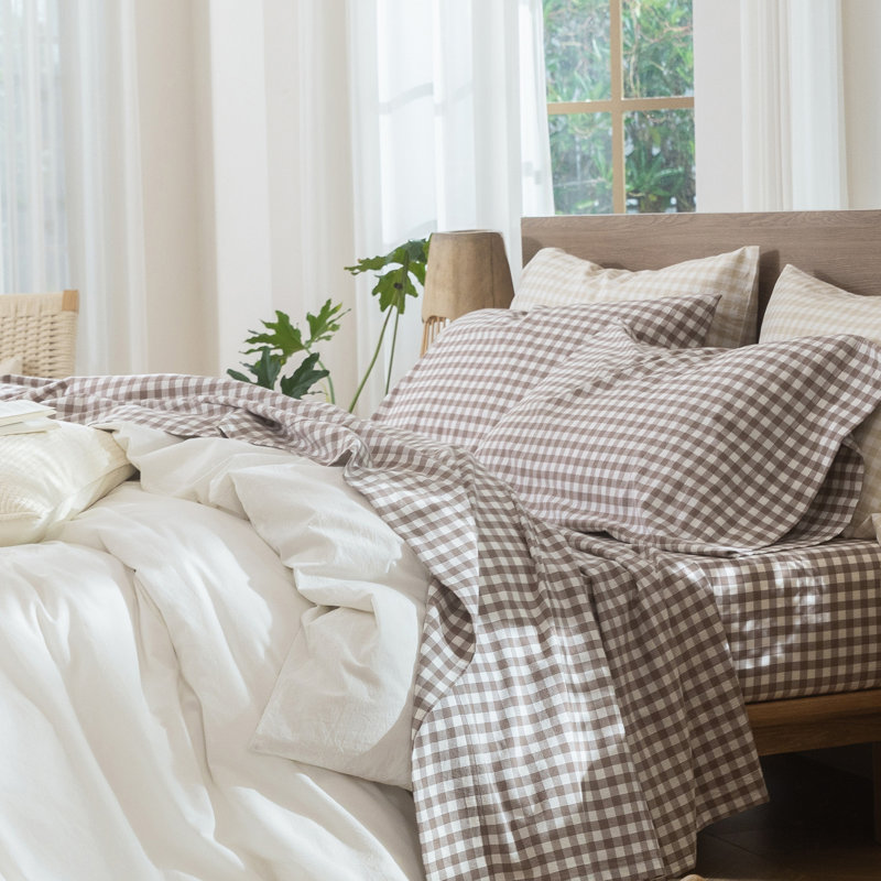 Ensemble de draps 100% coton lavé MooMee, Ensemble de draps pour grand lit avec 2 taies d'or, Brun