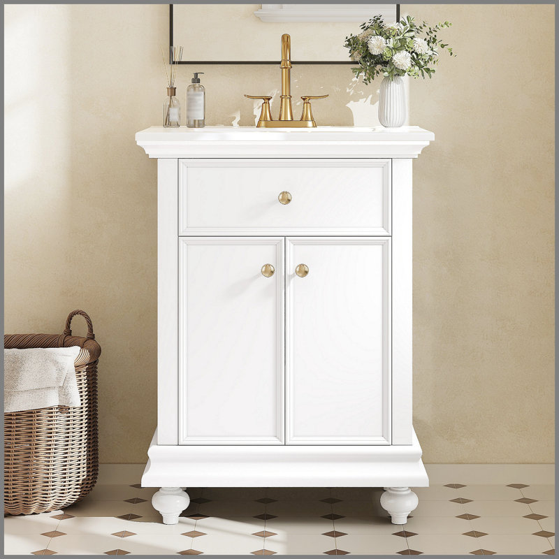 Meuble-lavabo moderne de 24 po avec tiroir basculant et charnières à fermeture en douceur, armoire de salle de bain avec structure ouverte au dos, pieds tournés en boule avec élégance française