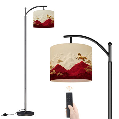 Arc Floor Lamp Golden Horse Red White Mountain Landscape Stylized Trees Floor Lamps with Remote LED Lights Adjustable Lamp Shades Tall Standing Lamps for Reading Office Living Room