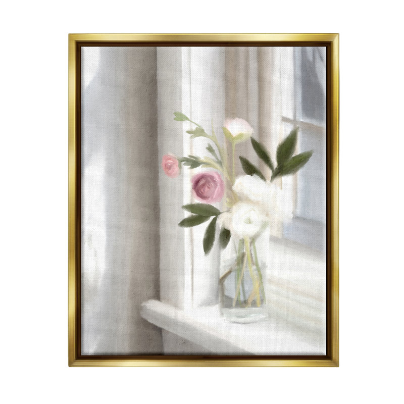 Sunlit Flower Bouquet Blooming White Petals Windowsill par Leah Straatsma - peinture sur toile à cadre flottant