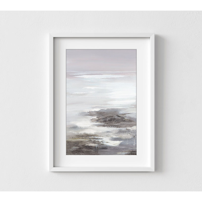 Gris et blanc, plage, peinture à l'huile sur toile, art mural, H 24 po x l 32 po, Blanc, Cadre simple blanc