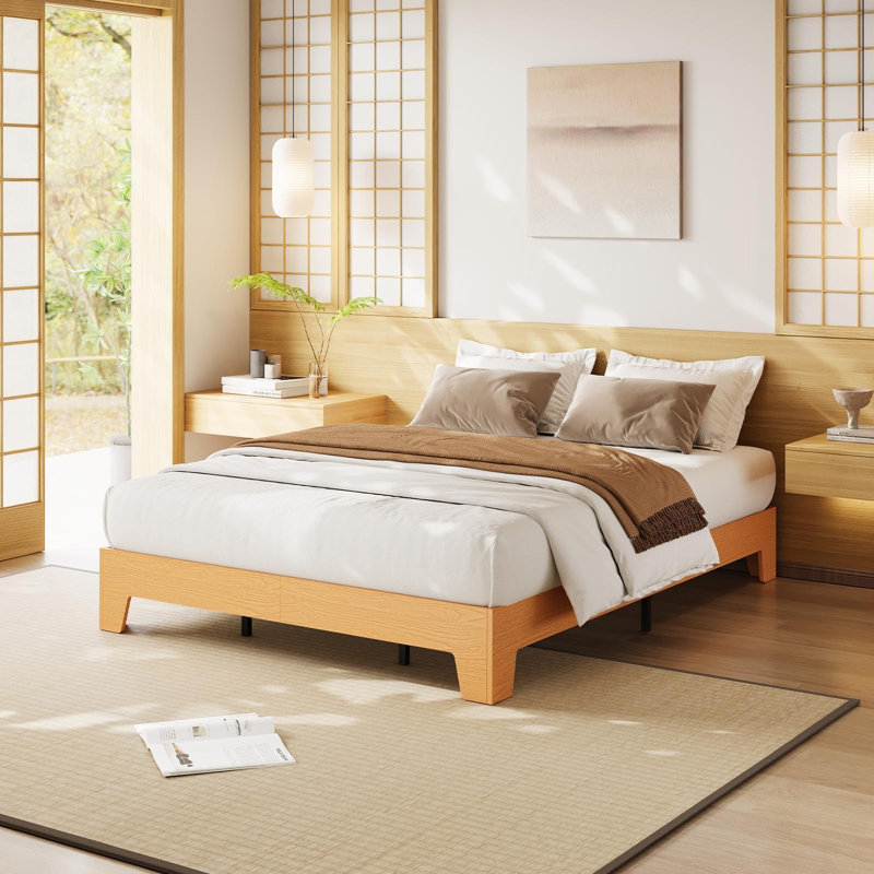Queen Natural Wood Platform Bed Frame with Strong Slats, Minimalist Design, No Box Spring Needed, Queen, Orange