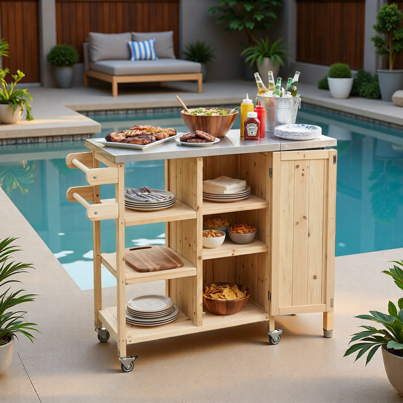Îlot de cuisine extérieur pliable avec roulettes verrouillables, armoire de rangement et porte-serviettes, Naturel