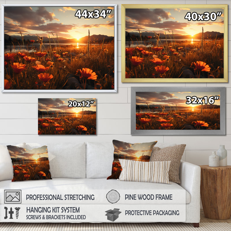 Sunset Golden Meadows - Landscape Sunset Canvas Wall Art, H 16 po x l 32 po x P 1 po, Cadre flottant doré
