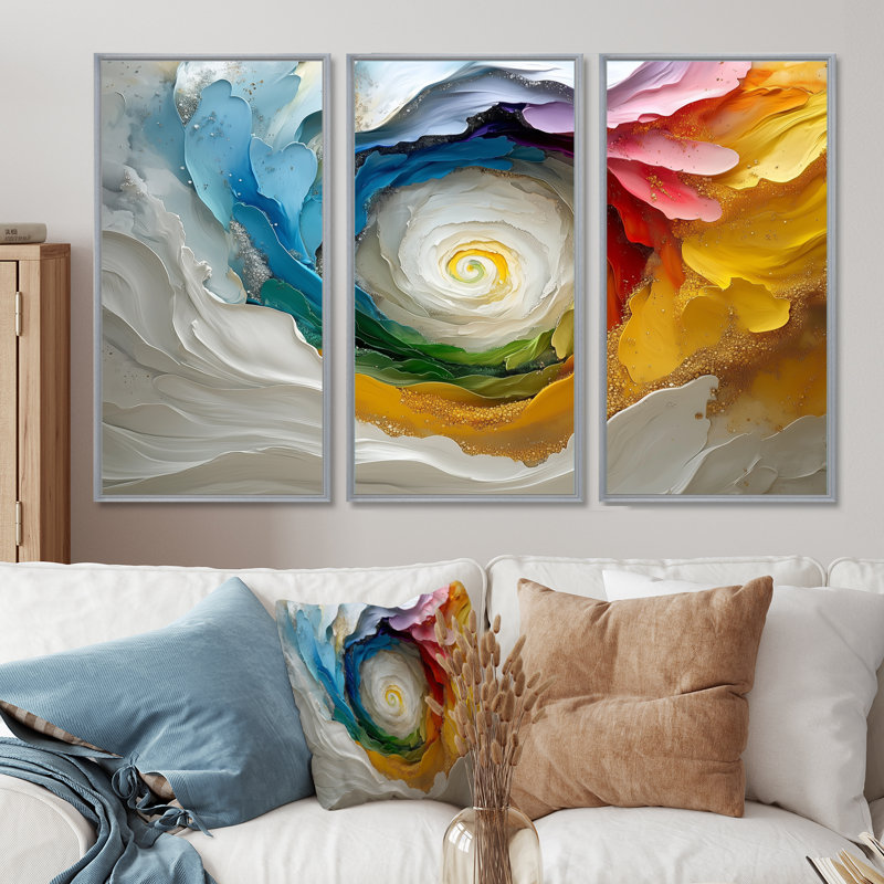 Blanc et couleurs Vortex Of Life II - Ensemble de décorations murales spirales abstraites, Toile argentée avec cadre flottant