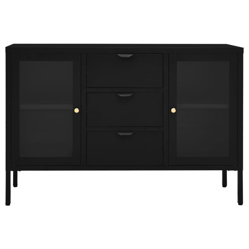 Table d'appoint Sideboard avec tablette réglable en acier et verre trempé, Noir