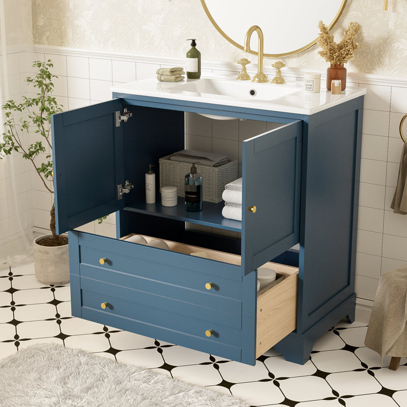 Meuble-lavabo moderne de 30 po avec lavabo en céramique Witkowski, poignées de meuble autoportantes bleues et dorées. Fabrication en bois massif, grand espace de rangement. Matériau de conception d'assemblage sans effort, installation abondante