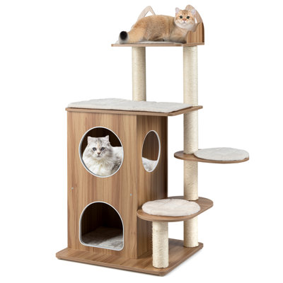 Wooden Cat Tree 48'' Cat Tower for Indoor Cats w/ 2-floor Condo Cute Top Perch