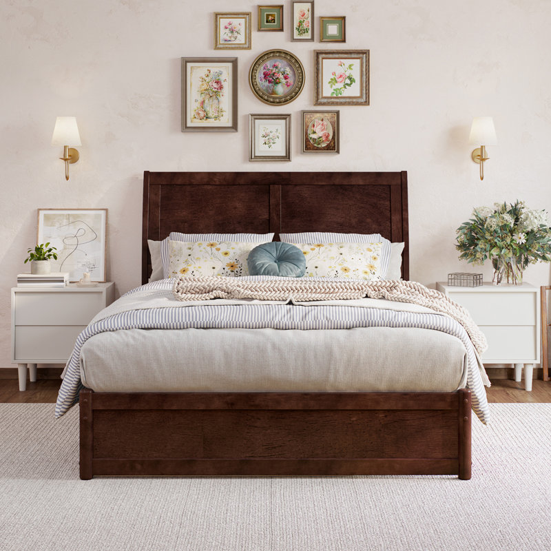 Lamayia Solid Wood Sleigh Platform Bed with Footboard and Storage Drawers, Full, Walnut
