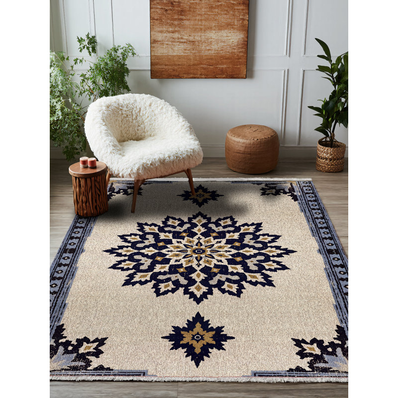 Palmyra Collection Digital Print Cotton-Polyester Navy Floral Rug, Round 3'4"