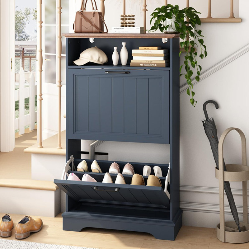 Armoire de rangement pour chaussures avec 2 tiroirs rabattables, étagère à chaussures cachée moderne de 24 po avec tablettes réglables