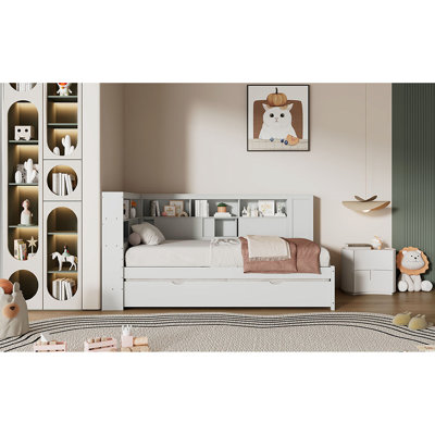 White Twin Wood Daybed Equipped With Storage Shelves, Power Provision, Trundle, Solid Pine + , No Box Spring, Assembly Manual For Delivery, Fast