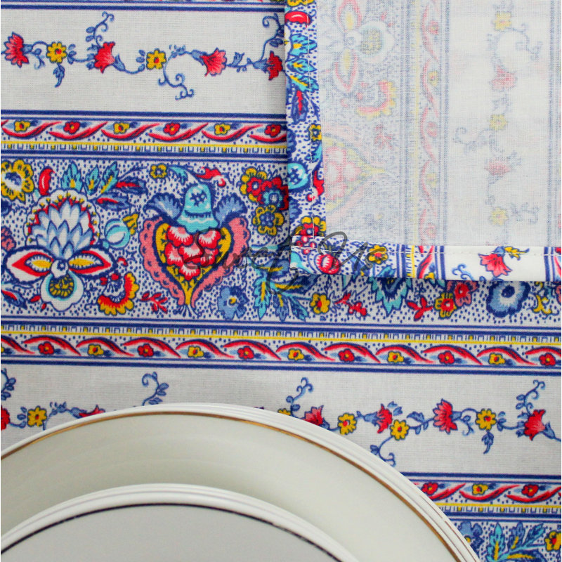 Fleur de Indienne Wipeable Stain Resistant Acrylic Coated French Provencal Floral Cotton Tablecloth Collection, 98" x 60"