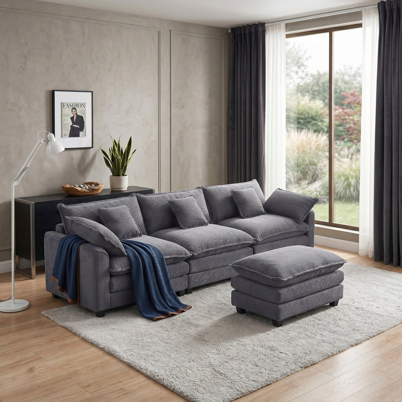 Modular Sectional Sofa, Comfy Cloud Couch With Movable Ottoman, 3-Seat Corduroy Sofa Sleeper With Double Cushions, Deep Seat Sofa With 5 Pillows For Living Room(3 Seater With 1 Ottoman)