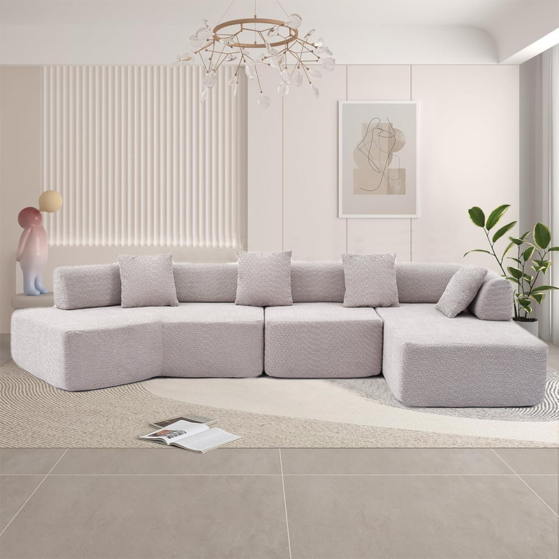 Modern L Shape Sectional Modular Sofa Couch with Chaise, Sleeper Sofa, Couch Sets For Living Room, Gray Boucle