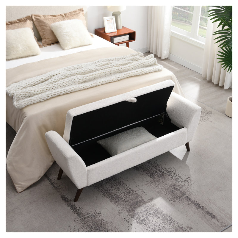Banc de rangement 60 po Mid-Century, Cream, Dark Brown Wood